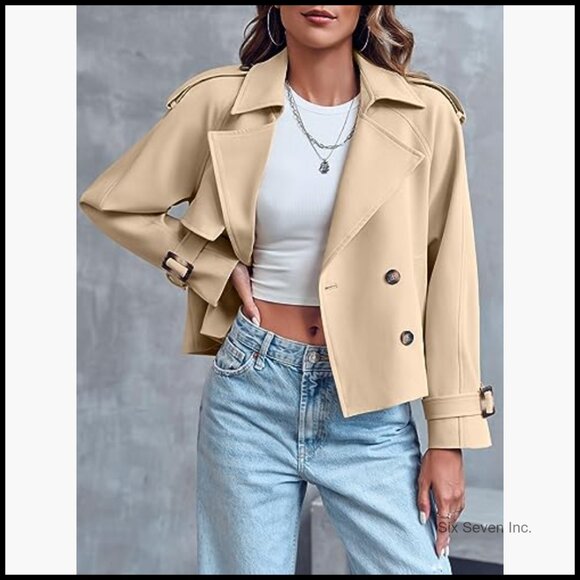 Women's Crop Double Breasted Trench Coat Raglan Sleeve Jacket - Picture 2 of 7